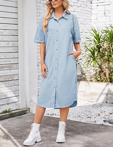 Women's Casual Denim Dress Button Down Lapel Jean